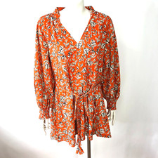 Alice + Olivia 4 A-Line Linen Blend Cuffed Mini Dress V-Neck Floral Orange MINT