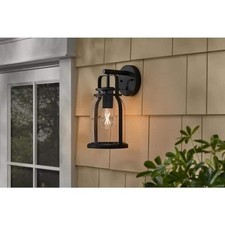 Hampton Bay Wye 12.9 in. Matte Black Hardwired Outdoor Wall Lantern Sconce