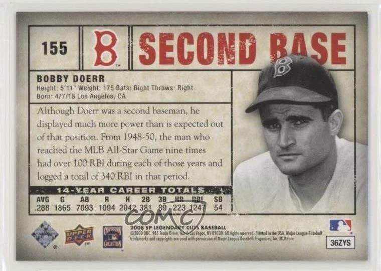 2008 SP Legendary Cuts /550 Bobby Doerr #155 HOF - Image 2 of 2