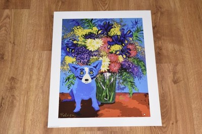 George Rodrigue Blue Dog Mignon's Flowers Silkscreen Print Signed