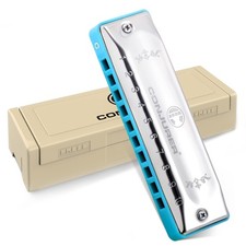 Silver Blue Harmonica Key of C, 10 Hole, Diatonic, Brass Reeds, Blues Harp