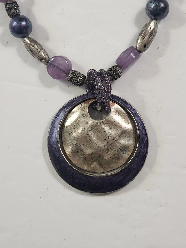 Juego de 2 Collares Capas Tono Plateado Moneda Cadena Cuentas Púrpura Laura Ashley Boho Foto 2 de 4