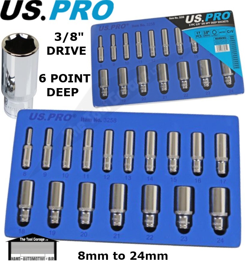 US PRO 17pc 3/8 Dr Metric Deep Socket Set 6 Point 8-24mm 3258 - Image 2
