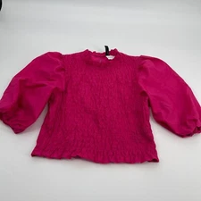 Divided Womens Top Small Pink Puff Sleeves Smocked Casual Pleated Preppy Knit