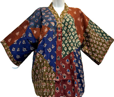 SACRED THREADS batik hippy patch boho funky rayon kimono TOP TUNIC 1X Free shipp