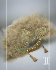African Gold Feather Han Fan, Bridal Hand Fan For Woman, Handmade Feather Fan