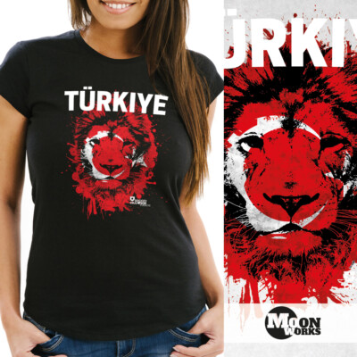 Damen T-Shirt Fanshirt Türkei Türkiye Turkey Fußball EM WM Löwe Flagge MoonWorks