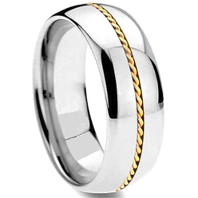 size 8 Titanium RING BAND with Two Gold Plated Accent Stripes & Pointed Edges 