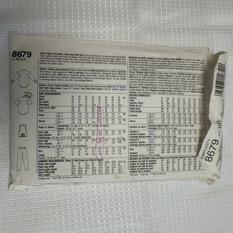Pantalones Cortos Camisa Forrada Chaleco 56-52 Patrón Años 90 93 De Colección Simplicity 8679 Para Hombre Foto 2 de 3