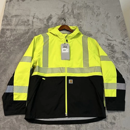 Carhartt Storm Defender Jacket Mens Large Yellow Hooded Hi Vis Workwear OJ6693-M video thumbnail