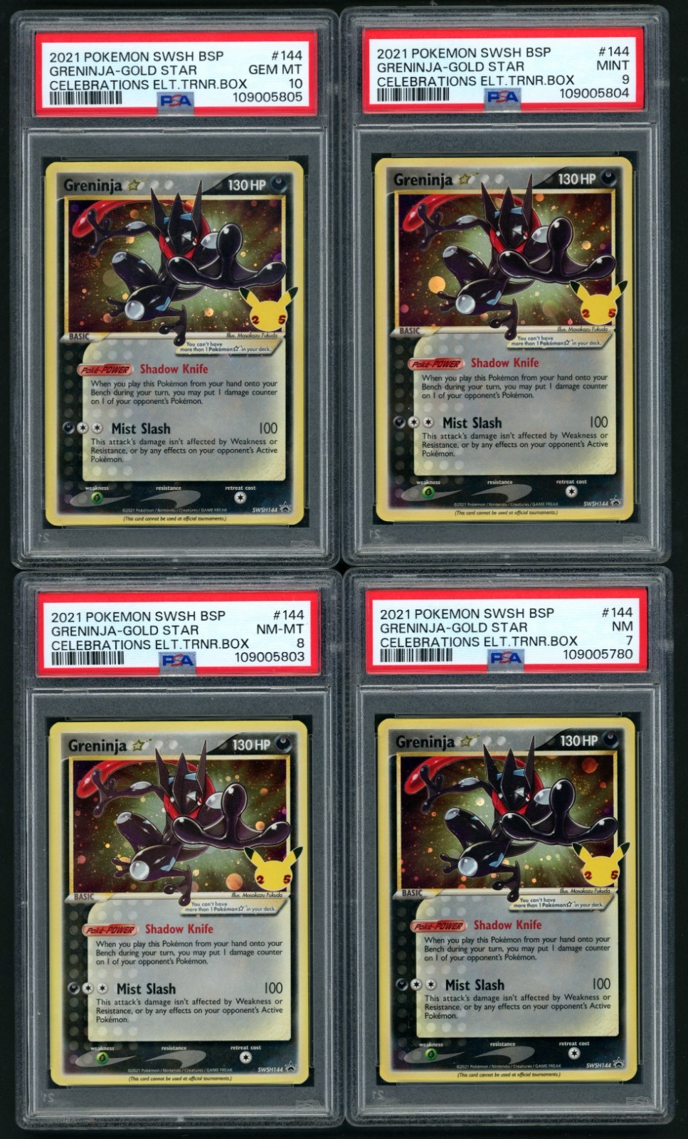 2021 POKEMON SWSH BSP GRENINJA-GOLD STAR CELEBRATIONS ETB PSA 1-10 SET *SWIRL*