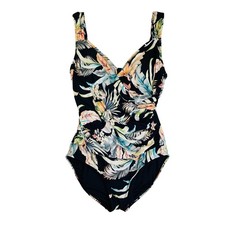 Jantzen Tropical Palm Floral Slimming One Piece Swimsuit Black Womens 14