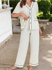 Women's Short Sleeve Button-Up Pajama Set With Contrast Piping And Front Pockets