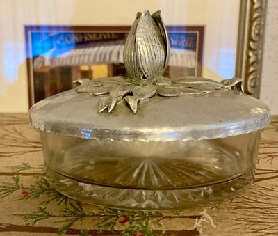 Vintage Rodney Kent Hammered Aluminum and Glass Vanity Jar