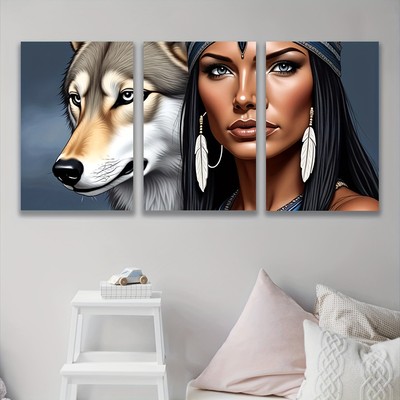 3pcs Wolf & Woman Canvas Art Print - Frameless, Detailed Wolf Portrait & Elegant