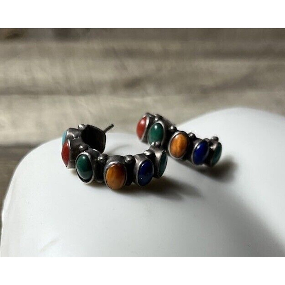 Vintage Navajo Multi-Stone Sterling Silver Hoop Earrings