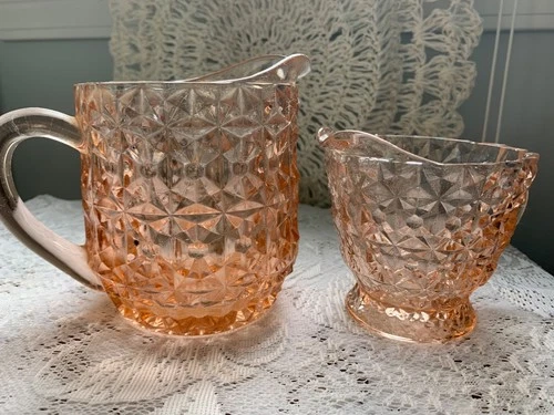 Vintage Jeanette Glass Holiday Buttons & Bows Pink Creamer and Pitcher