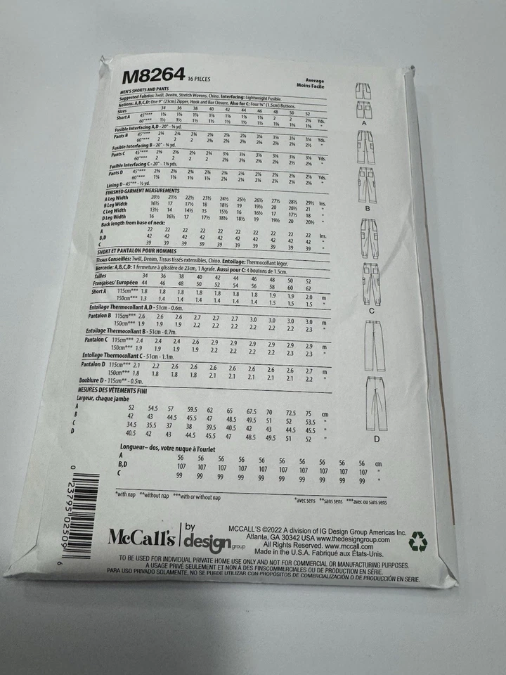 McCall's M8264 Men's Shorts and Pants Sewing Patterns - Size 44-52 - Image 4 of 4
