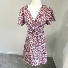Madewell Fiore Floral Wrap Dress Short Sleeve Tie Waist Light Blue Coral Medium