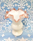 VTG Fenton MILK GLASS 7" VASE Pink Rose Crest CRIMPED Ruffle FAST SHIP