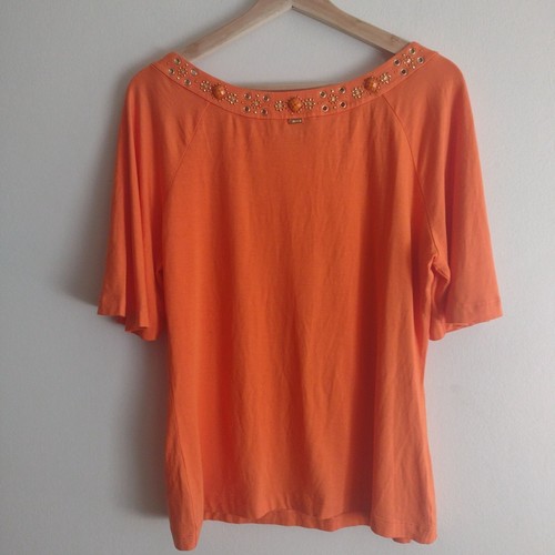 Camiseta St John Adornada Top L Naranja Raglán Manga Corta Adornada con Cuentas - Imagen 8 de 11