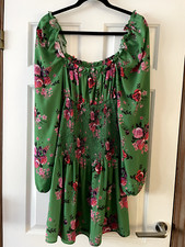 Boo Hoo Size 10 Green Floral Shirred Short Dress Long Sleeves