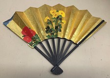 Vintage JAL Japan Airlines Folding Hand Fan Gold with Red  Yellows Flowers