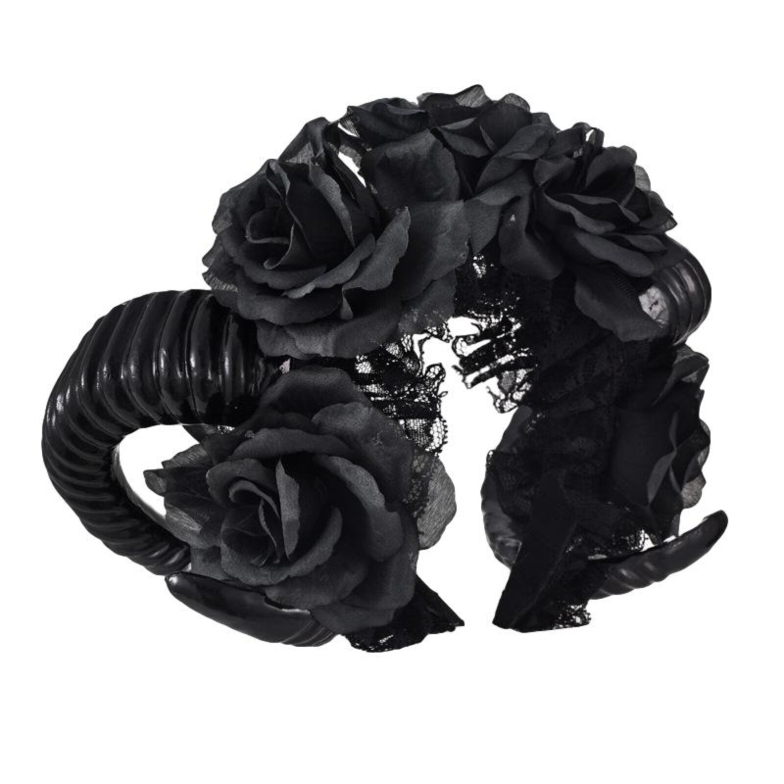 Gothic Ram Horns Sinister Evil Headband - Black Roses Garland Satanic Headpiece