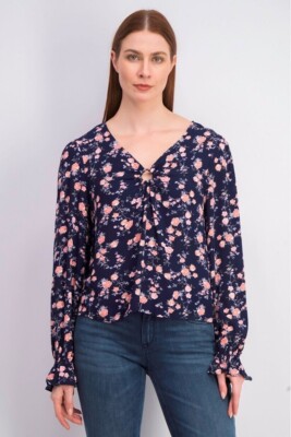 Freshman women's Junior's O-Ring Floral Print Long Sleeve Top Blue XL B25