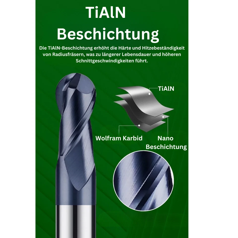 VHM Radiusfräser TiAlN Ø1-12mm Kugel Fräser Z2 HRC50 HPC kurz/ Lang Schaftfräser - Bild 4 von 4