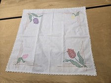 Embroidered Tulip Flowers White Cotton Tablecloth Vintage 33"x35"