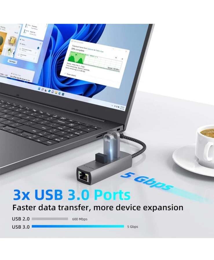 NEW Combo Gigabit Ethernet USB Type-A 3 Port Hub Adapter 5Gbps, MacBook, Windows - Image 4 of 4