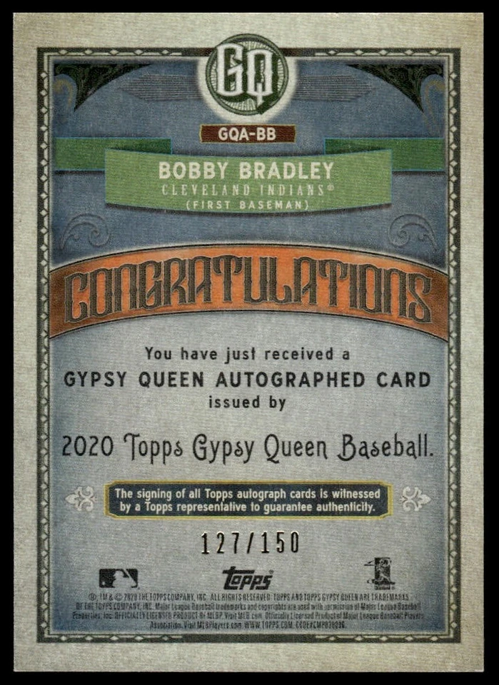 2020 Topps Gypsy Queen #GQA-BB Bobby Bradley Autographs Indigo #/150 - Image 2 of 2