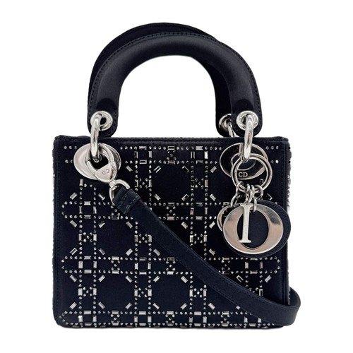 DIOR Mini Lady Dior Black Satin Crystals Handle Bag