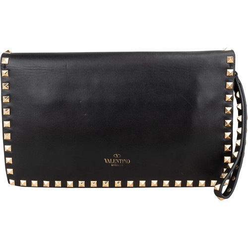 Valentino Garavani Black Leather Rockstud Clutch Evening Bag