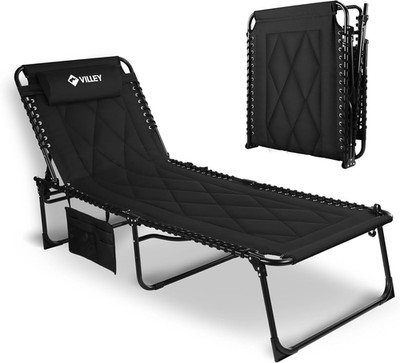 VILLEY Oversized Padded Chaise Lounge with Cushion, Foldable Camping Cot, Patio