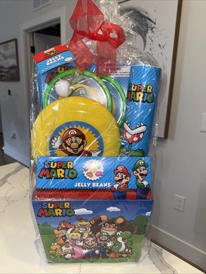 Super Mario Bros Gift Basket &Toys,Jelly Beans Candy and Bonus Mario Tube Topper