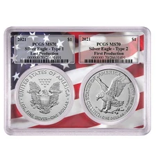 2021 $1 T-1 &T-2 Silver Eagle Set PCGS MS70 First and Last Production Flag
