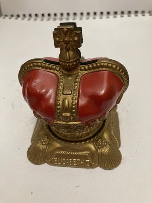 Vintage 1953 Queen Elizabeth II Krönung Krone Spardose Gusseisen Coin Bank