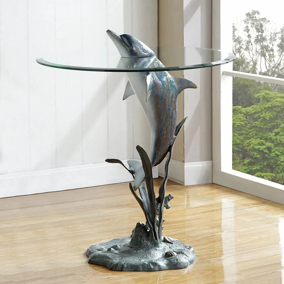 Surfacing Dolphin End Table Aluminum Glass Home Decorative Collectible - Image 2 of 3