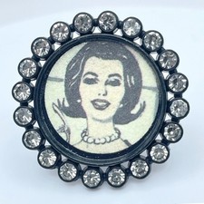 VTG Black Tone Retro Comic Girl Portrait Ring Rhinestone Chunky Statement Y2K