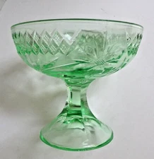 Antique US GLASS Uranium Floral and Diamond Green Glass Footed Dessert Bowl 4.75