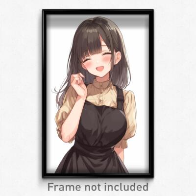 Anime Art Poster - Woman Feeling Delighted Wearing Lovely Black Apron (Print)