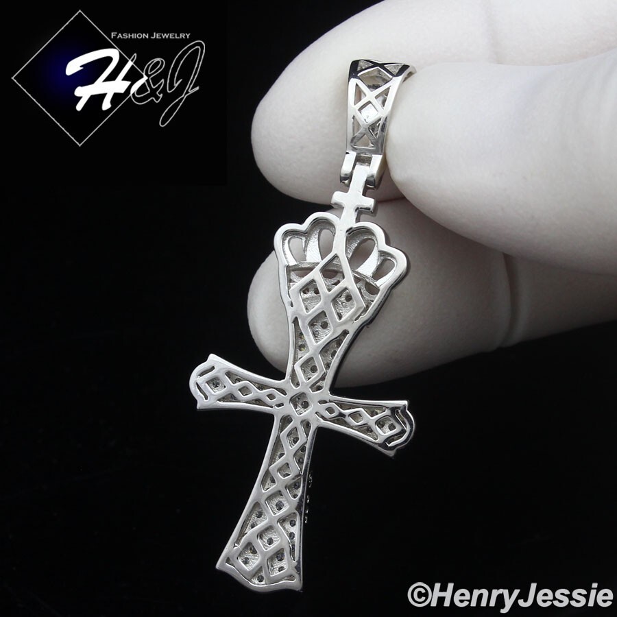 MEN WOMEN SOLID 925 STERLING SILVER ICY BLING CZ 3D CROWN CROSS