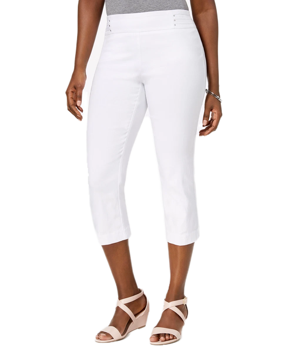 JM Collection Women's Petite Rivet-Detail Tummy Control Capri Pants (PL,  White)