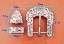 30mm Bling Silver Men Western Rhinestone Crystal Cowboy 3 Piece Set Belt Buckle