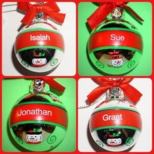 Cheerful Snowman Christmas Ornament Ganz Ball Silver PrePrinted Names Pick SMALL
