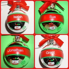 Cheerful Snowman Christmas Ornament Ganz Ball Silver PrePrinted Names Pick SMALL