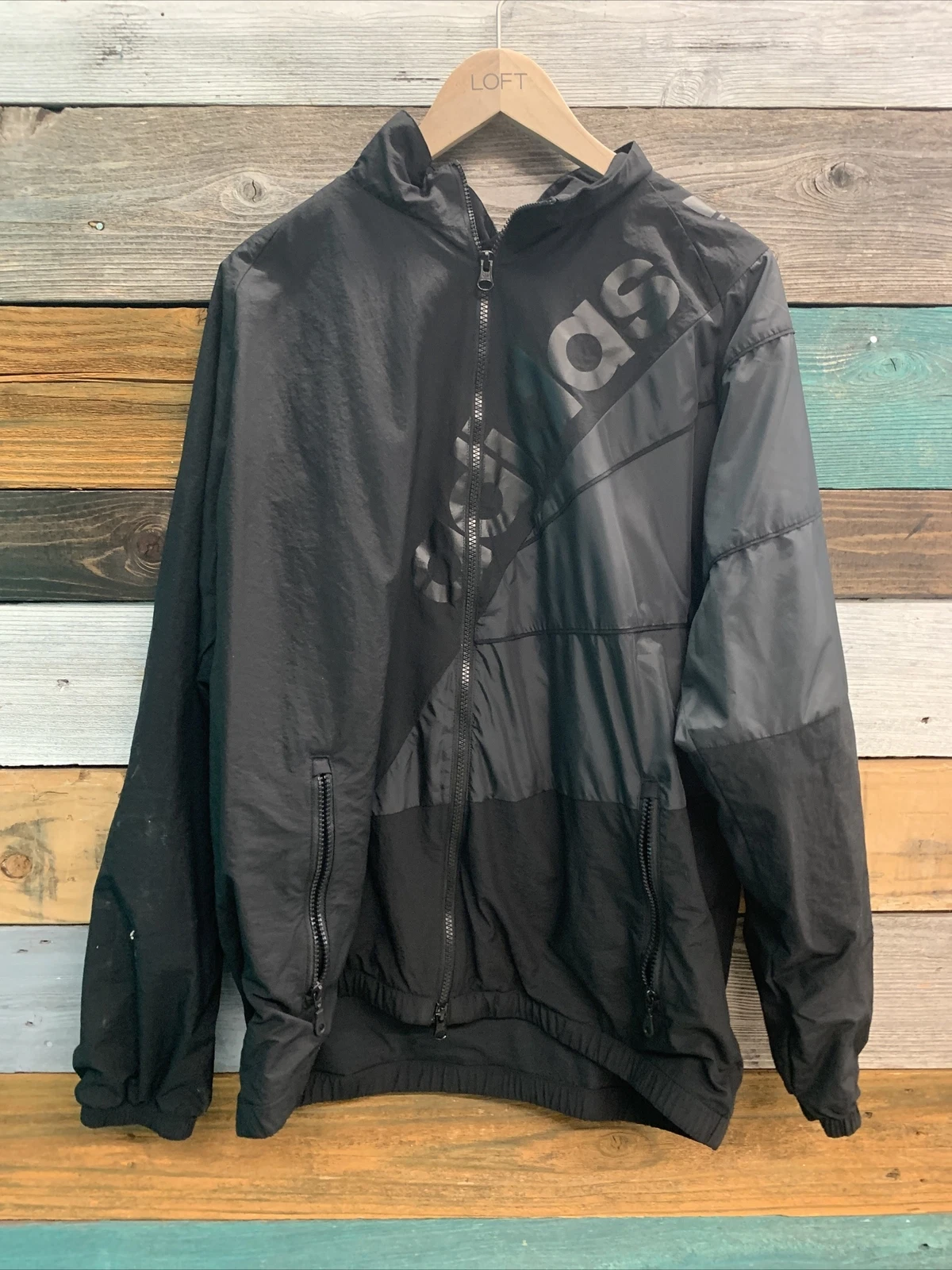 Adidas Black Zip Up Long Sleeve Wind Breaker Jacket Coat Men Size XL *