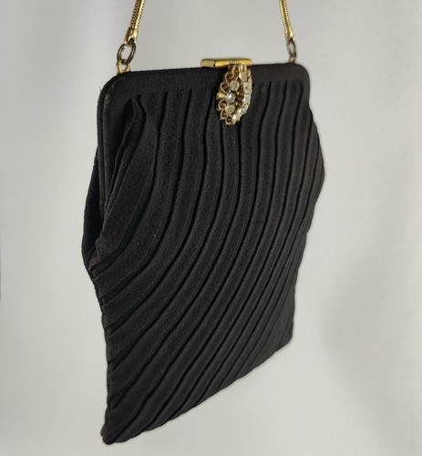 Vintage Evening Bag with Rhinestone Clasp Pleated Black Fabric & Snake Chain - Picture 5 of 11